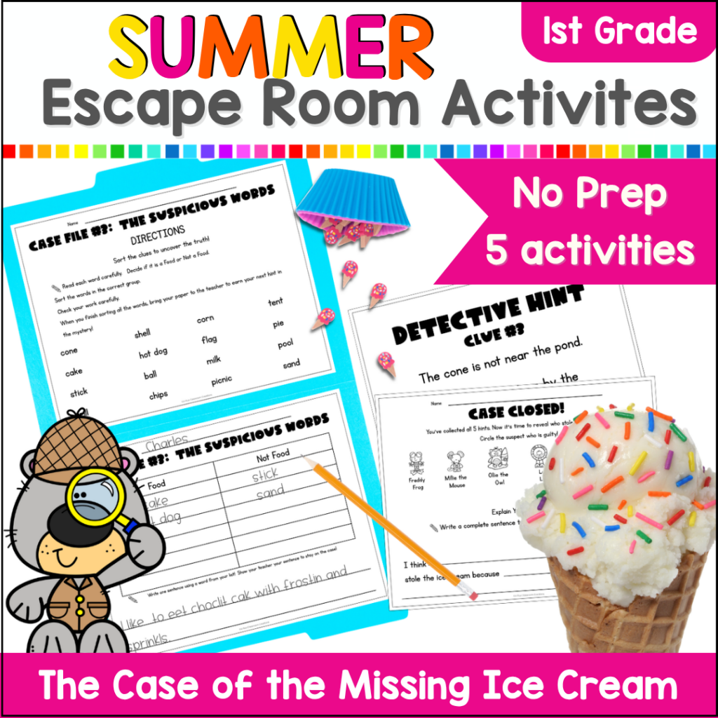 End of the Year Escape Room The Case of the Missing Ice Cream Summer Mystery for 1st grade