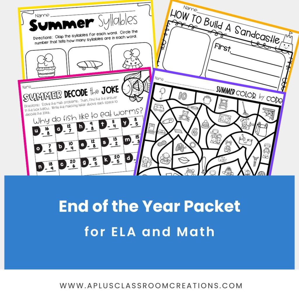 Summer End-of-the-Year Packet for ELA and Math, first grade activities.